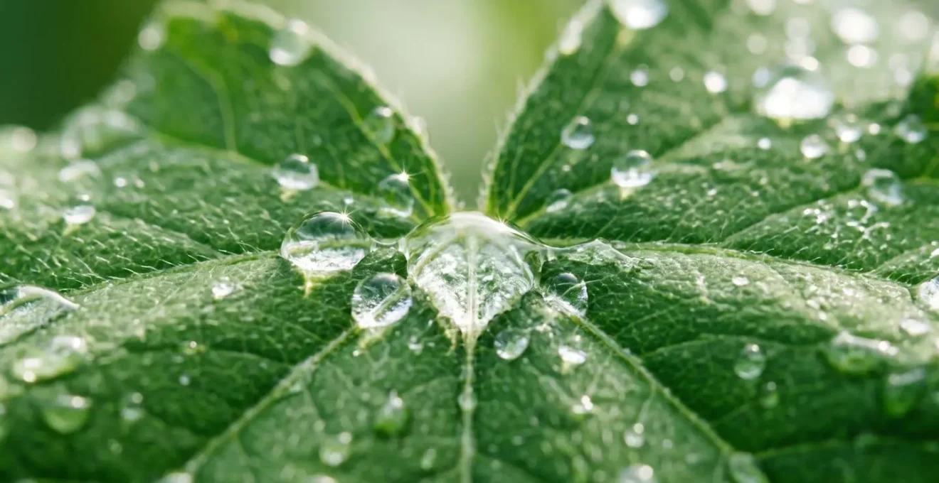 Close-up macro shot of water droplets accumulating on a leaf surface, symbolizing automatic accumulation