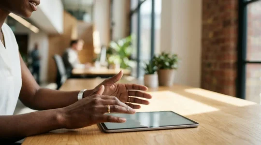 Professional workspace showing hands interacting with clean digital interface for automated investment portfolio management