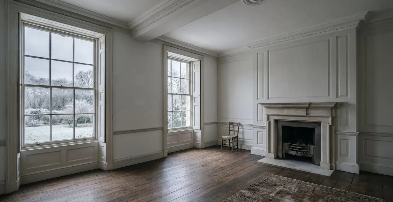 Empty British property interior during winter showing smart home protection systems