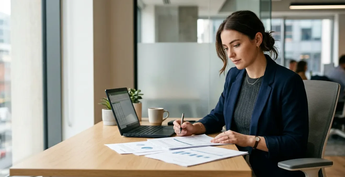 Young professional reviewing financial documents in modern office with natural light