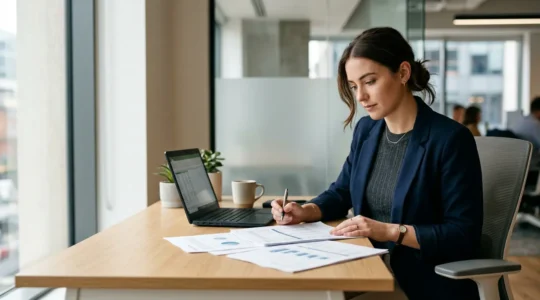 Young professional reviewing financial documents in modern office with natural light
