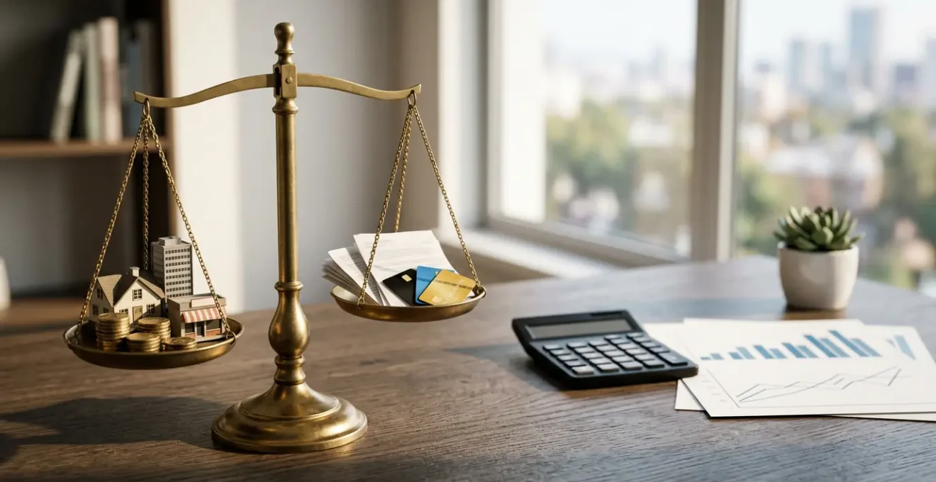 Professional calculating asset to liability ratio with financial documents and balance metaphor