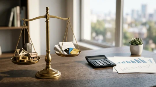 Professional calculating asset to liability ratio with financial documents and balance metaphor