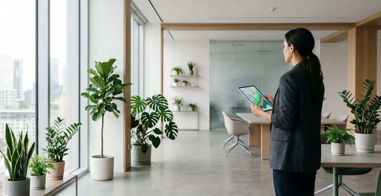 Professional investor analyzing compound growth charts on a tablet in a modern office setting with plants symbolizing growth