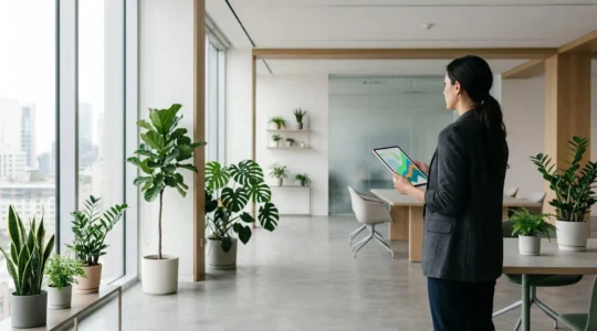 Professional investor analyzing compound growth charts on a tablet in a modern office setting with plants symbolizing growth
