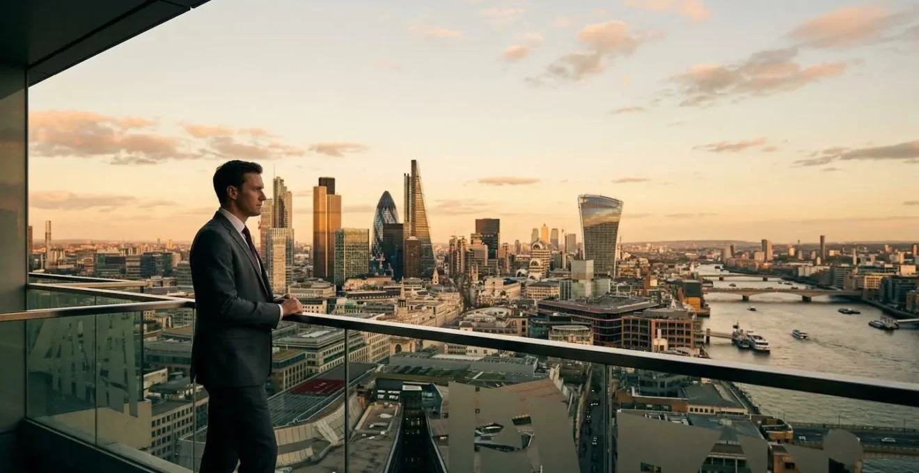 Professional wealth management consultation scene in prestigious UK financial district
