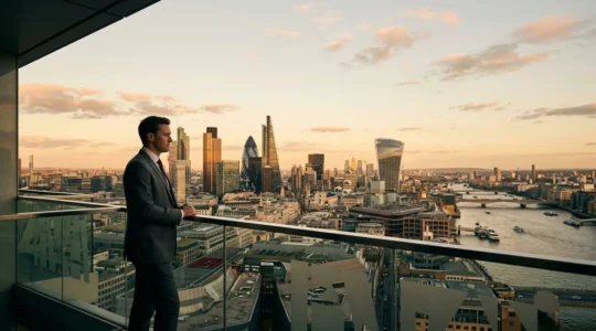 Professional wealth management consultation scene in prestigious UK financial district