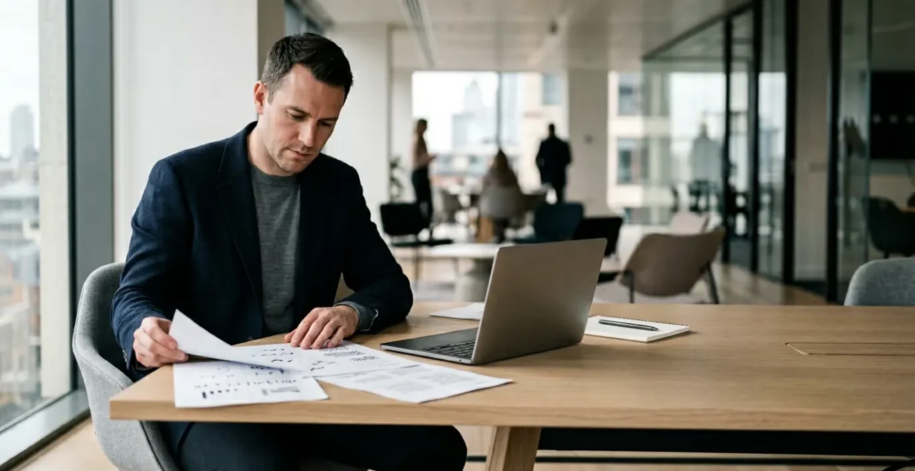 Professional consultant reviewing protective legal documents and insurance policies in a minimalist modern office setting