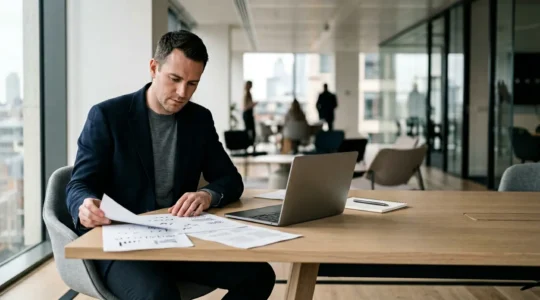 Professional consultant reviewing protective legal documents and insurance policies in a minimalist modern office setting