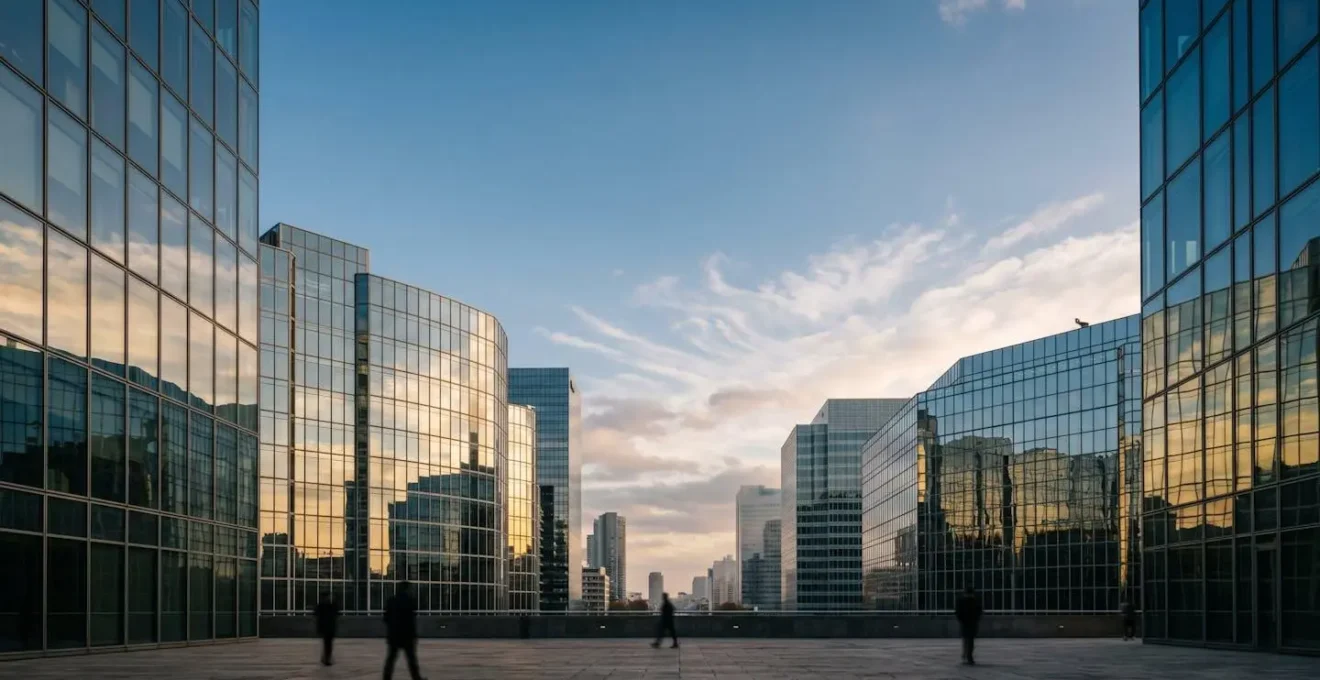 Wide minimalist view of modern financial architecture symbolizing global market connectivity