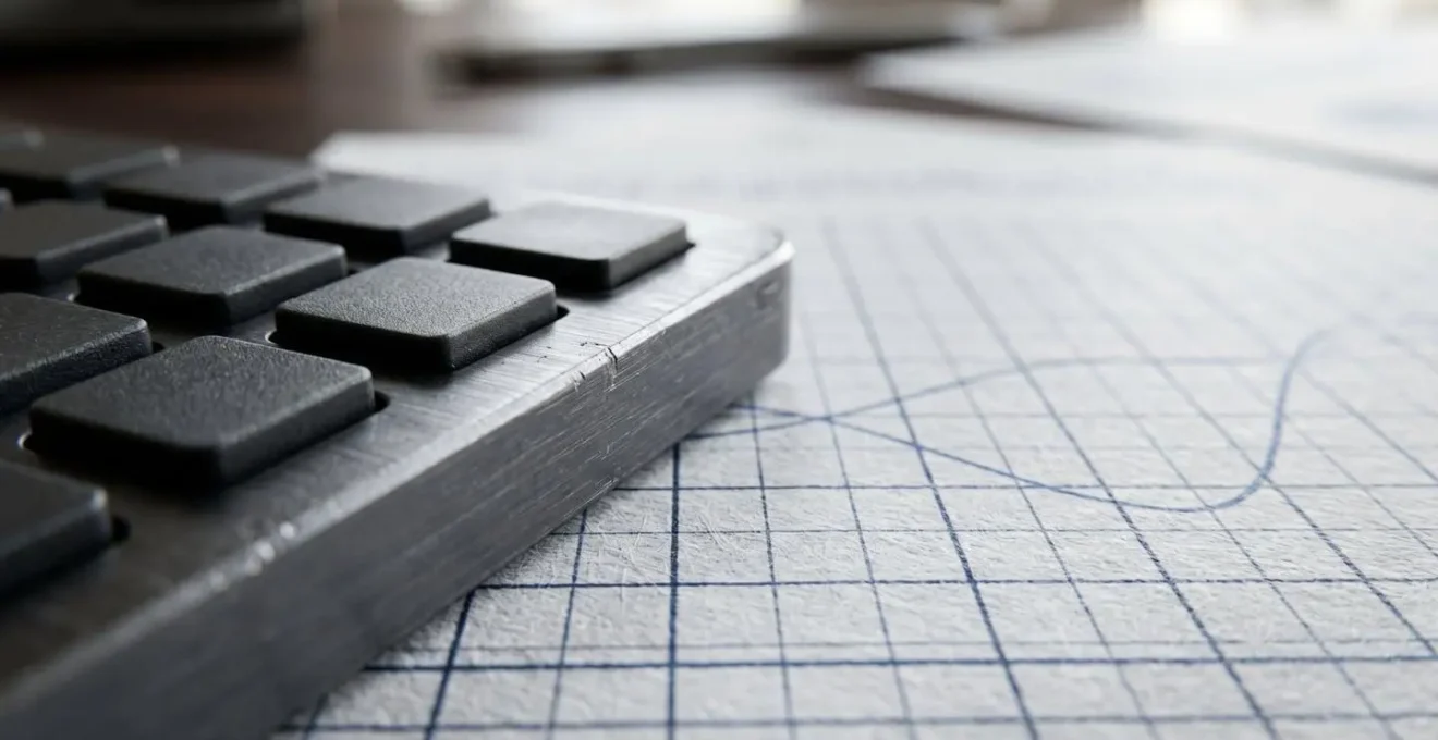 Extreme close-up macro detail of financial calculation tools showing UK mortgage affordability assessment