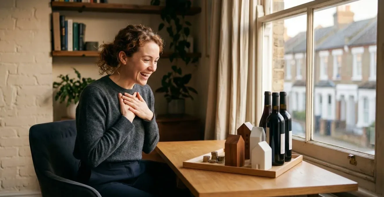 Modern UK investor looking excited while interacting with abstract representations of alternative assets like gold coins and property models on a desk.