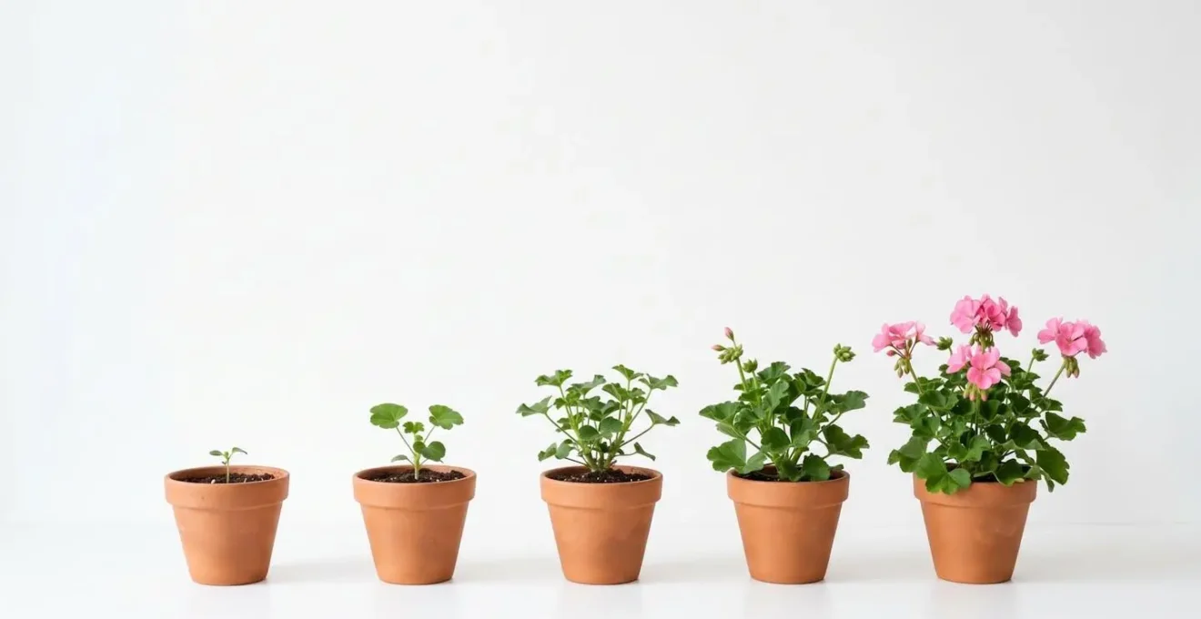 Time-lapse style arrangement of potted plants showing growth stages from seedling to flowering