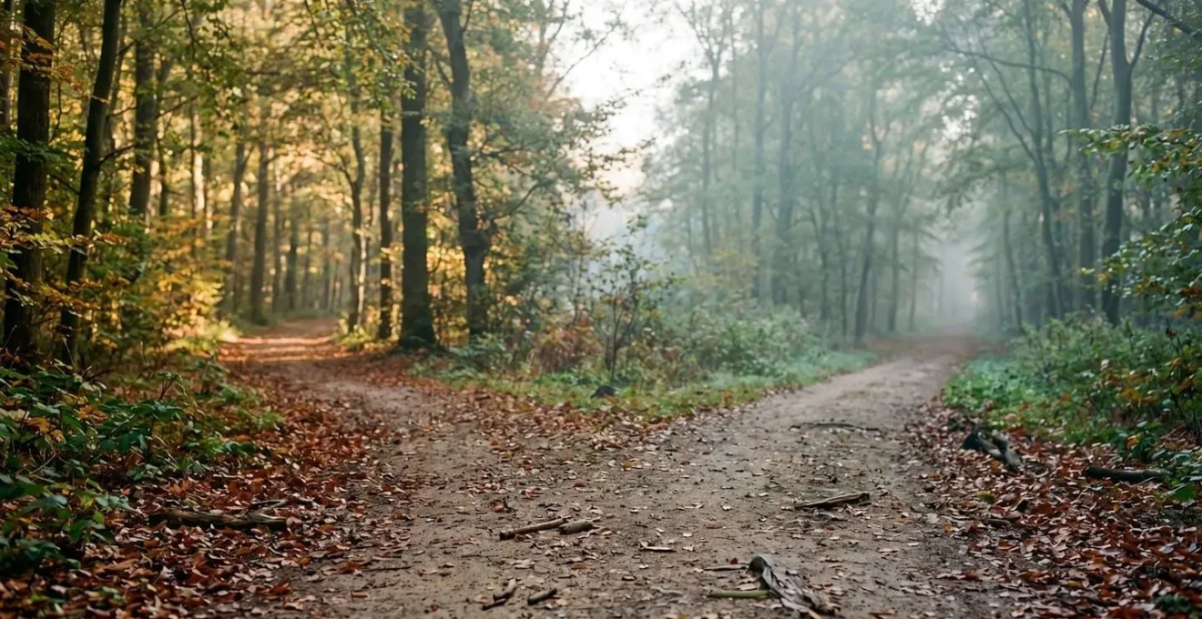 Diverging wooden pathways in misty forest symbolizing retirement income strategy choices and decision-making