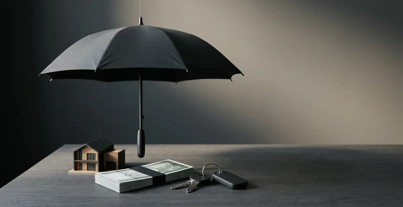 Professional editorial photograph symbolizing comprehensive financial protection through umbrella insurance coverage