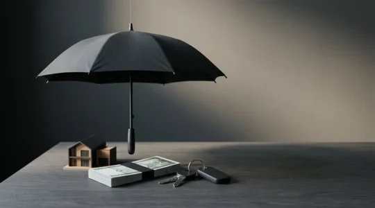 Professional editorial photograph symbolizing comprehensive financial protection through umbrella insurance coverage
