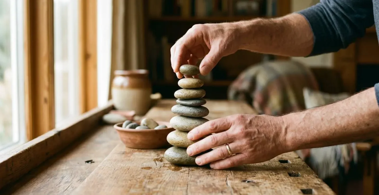 Metaphorical representation of building financial stability by carefully stacking stones into a balanced cairn.
