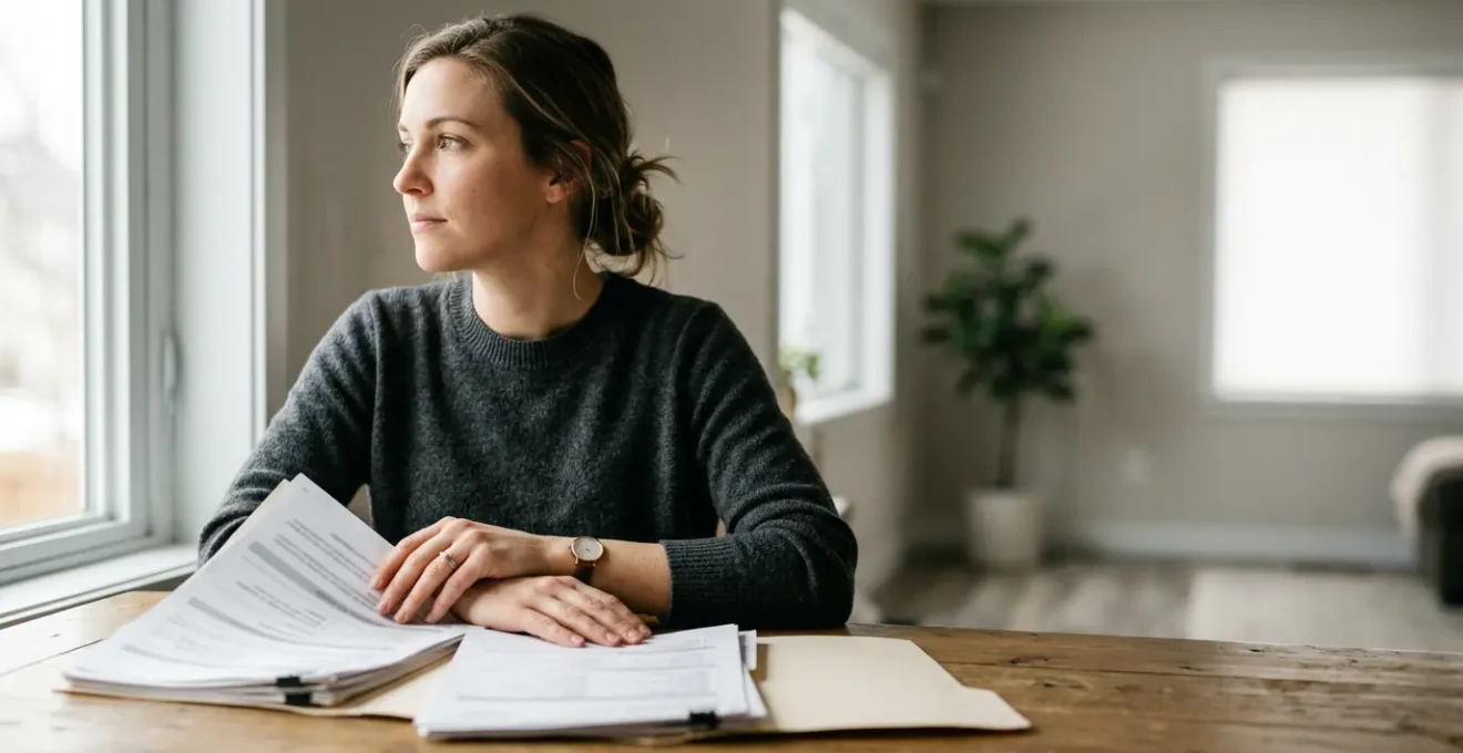 First-time homebuyer carefully reviewing mortgage documents and financial planning materials in a naturally lit setting