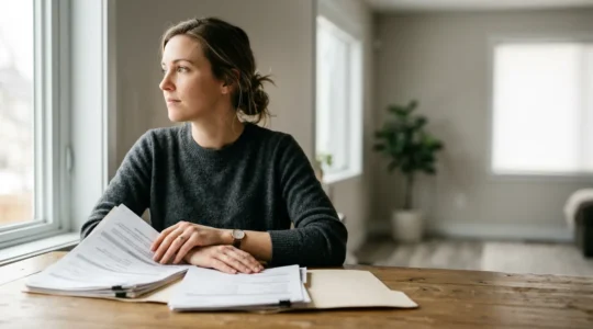 First-time homebuyer carefully reviewing mortgage documents and financial planning materials in a naturally lit setting