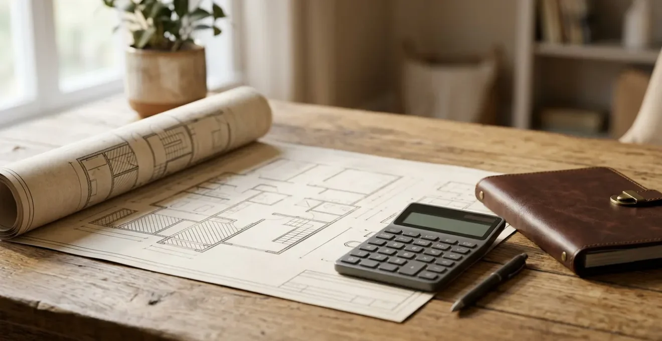 Homeowner reviewing architectural blueprints and financial documents for major home renovation project
