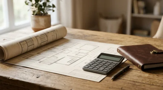 Homeowner reviewing architectural blueprints and financial documents for major home renovation project