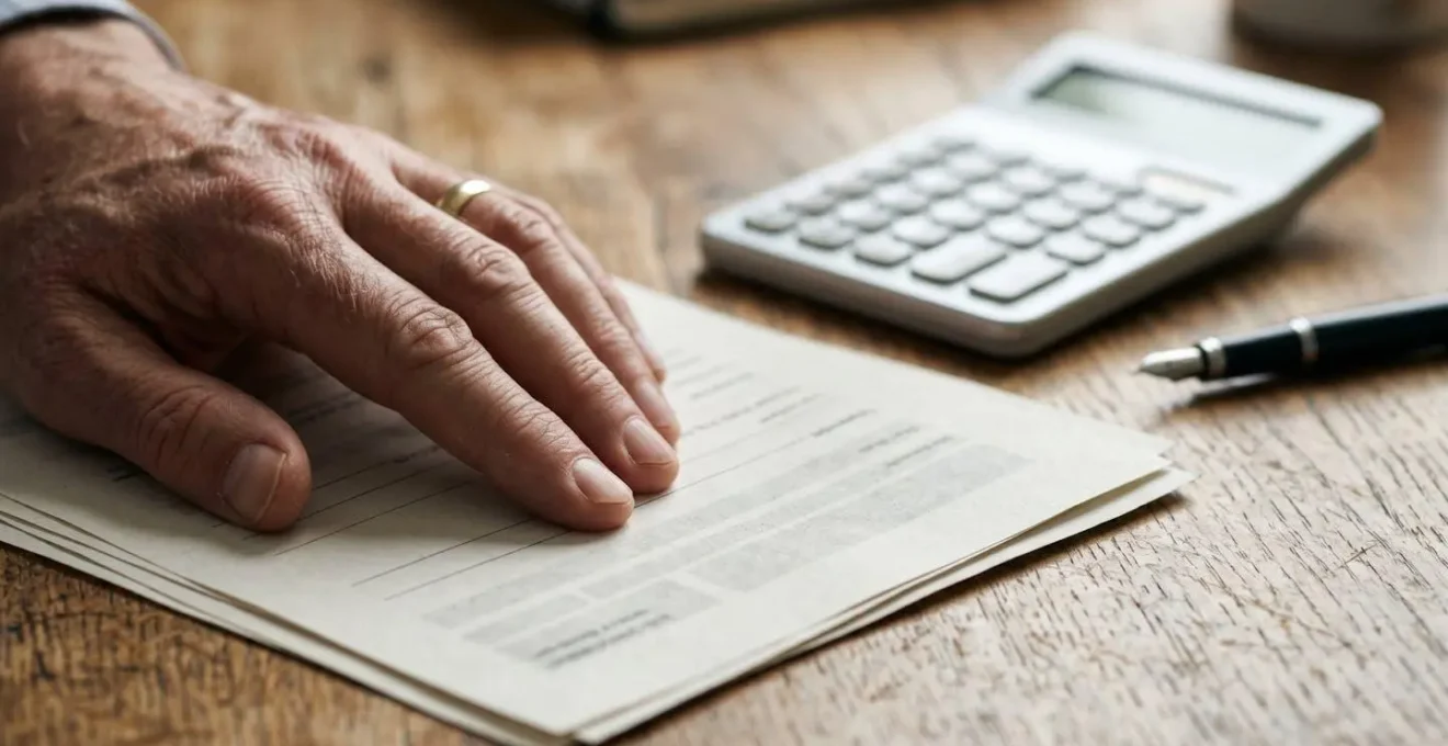 Close-up of hands reviewing life insurance documents with a calculator on a minimalist desk surface