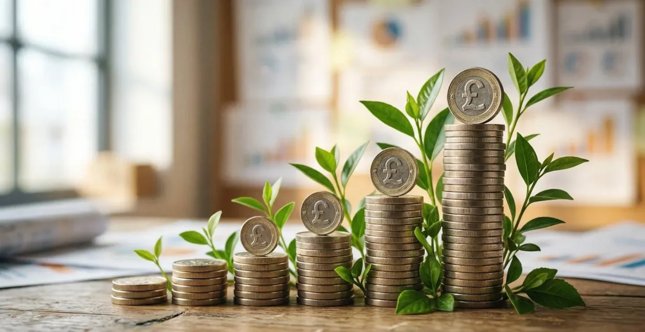 British pound coins stacked in ascending columns with green plants growing between them against a soft-focus financial background