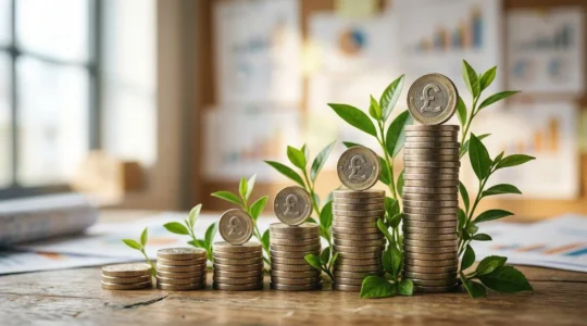 British pound coins stacked in ascending columns with green plants growing between them against a soft-focus financial background