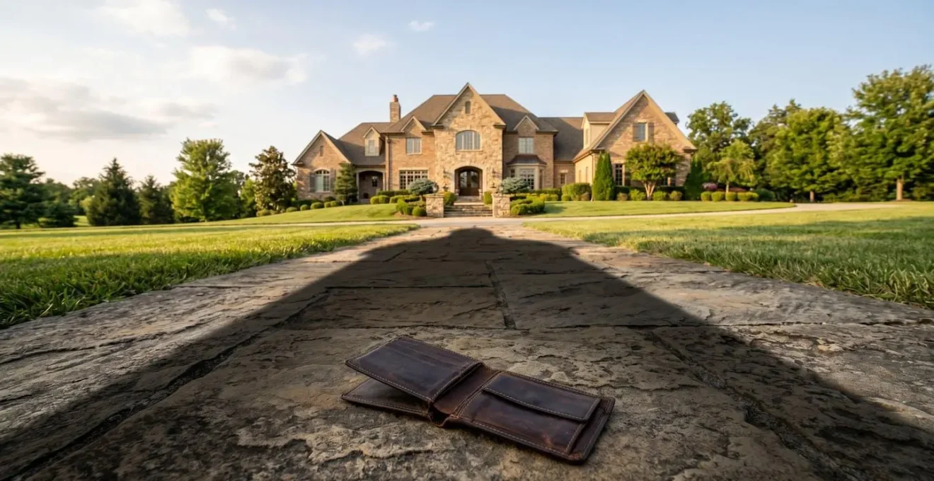 A large house casting a shadow over an empty wallet, illustrating the asset-rich, cash-poor trap.