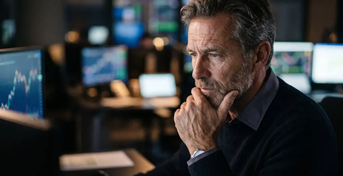 Trader reviewing algorithmic performance data with focused expression