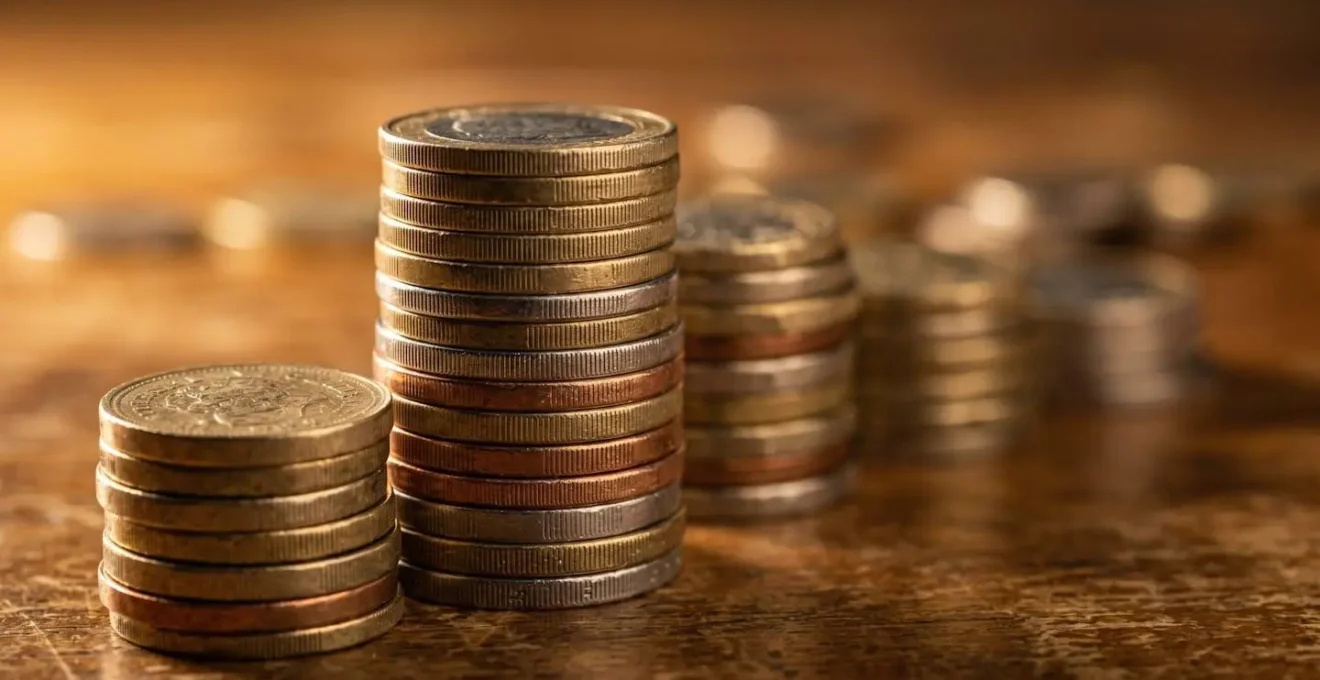 Close-up macro view of stacked British pound coins with selective focus showing wealth accumulation concept