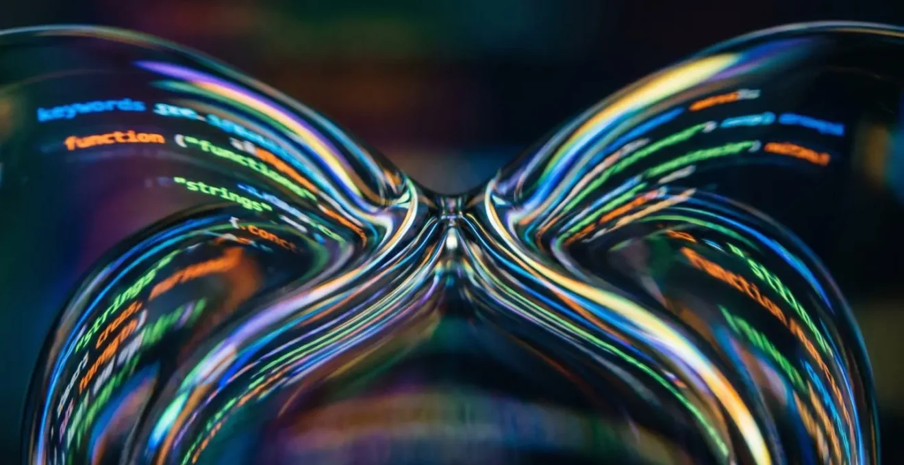 Extreme close-up of algorithmic code patterns reflecting on glass surface