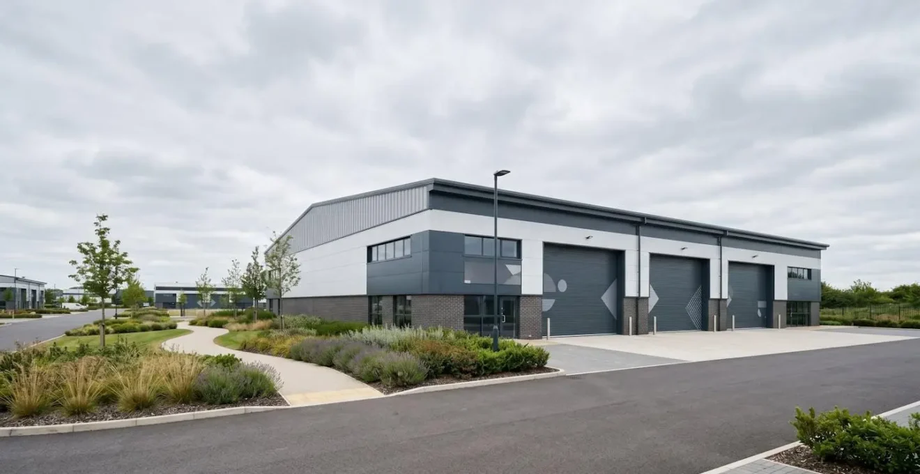 Clean modern industrial logistics warehouse exterior showcasing investment quality