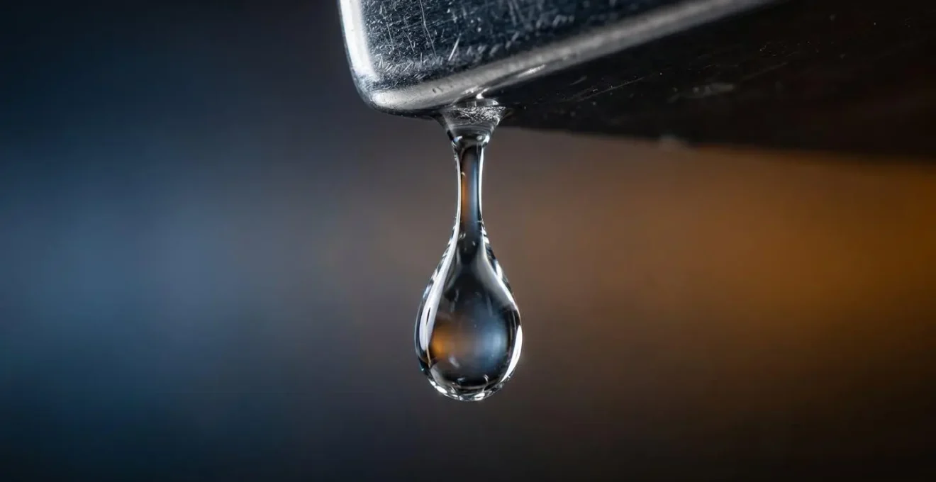Extreme close-up of water droplet at the moment before falling, representing momentum exhaustion
