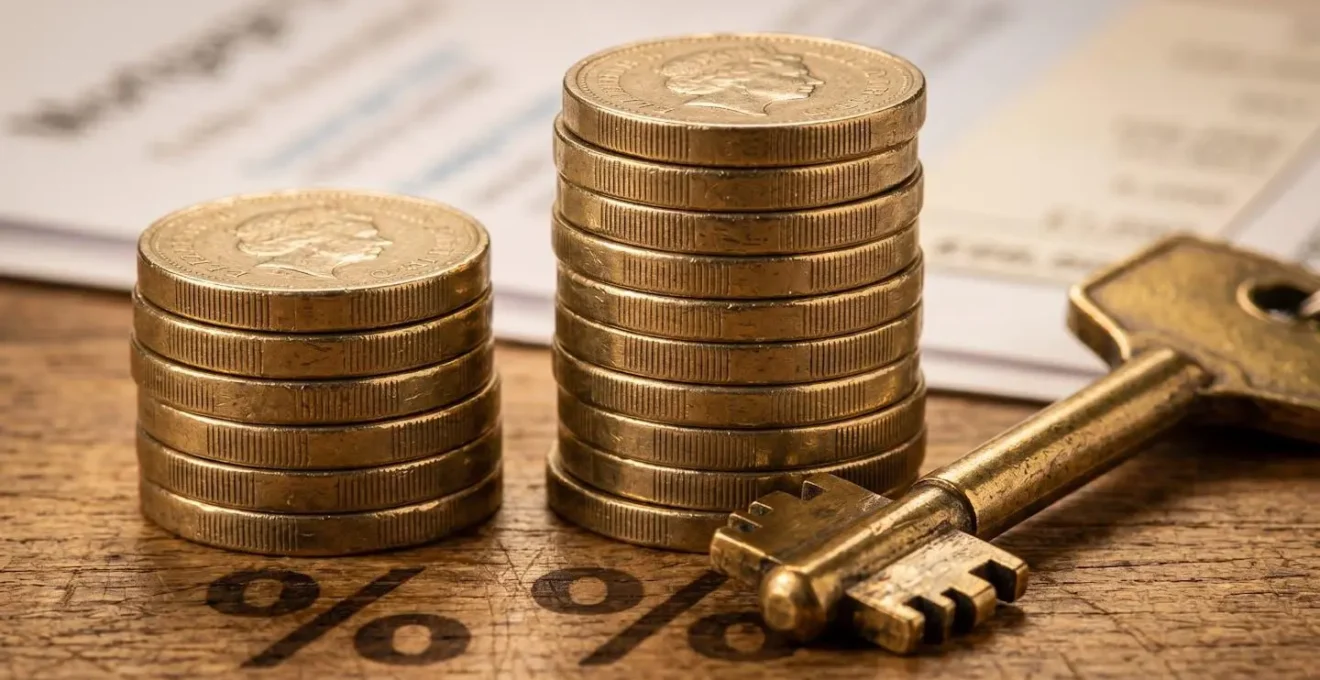 Macro shot of UK pound coins stacking progressively higher with property keys in soft focus