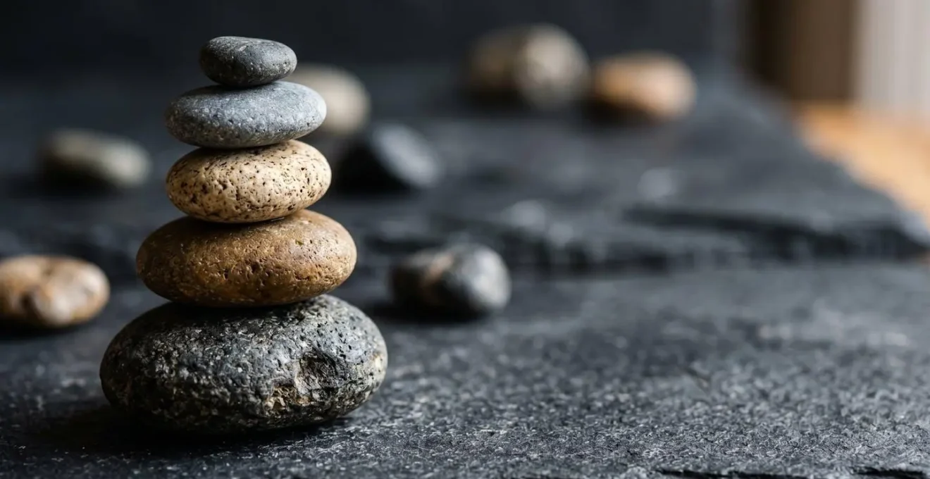 Macro close-up of smooth stones in varying sizes balanced on a textured slate surface representing portfolio risk diversification