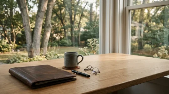 A calm, organized financial planning scene for pre-retirement security using fixed-rate deposits