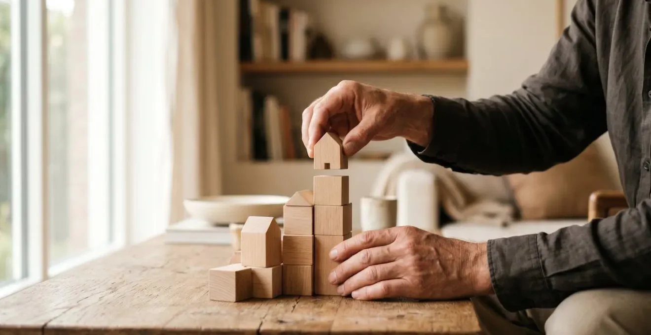 Symbolic representation of home value growth through stacked architectural models with upward progression