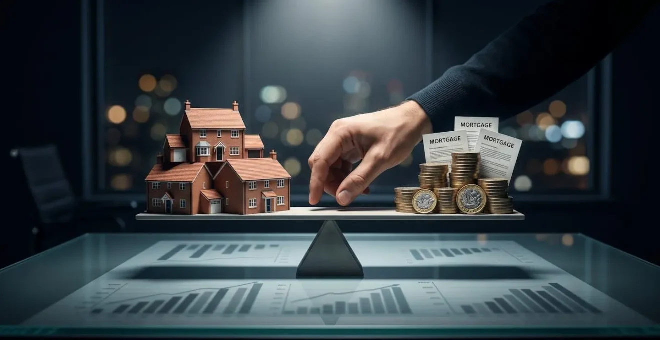 Professional analyzing property portfolio risk metrics on multiple screens showing debt ratios