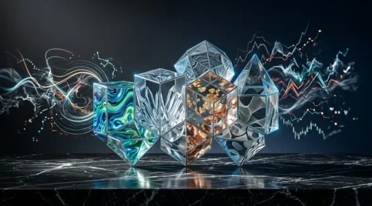 Professional investment portfolio visualized as geometric shapes weathering an abstract economic storm
