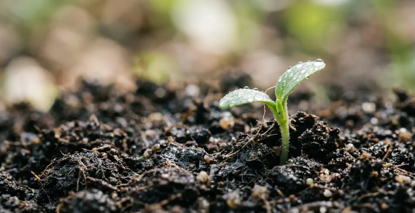 Young plant seedling emerging from rich soil with water droplets capturing delicate growth and patient investment concept