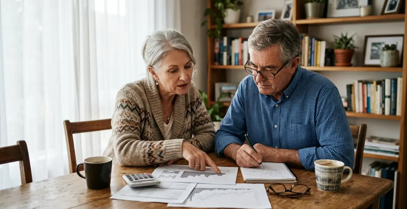 Senior couple analyzing financial documents together at dining table with morning light