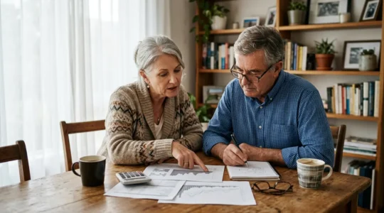 Senior couple analyzing financial documents together at dining table with morning light