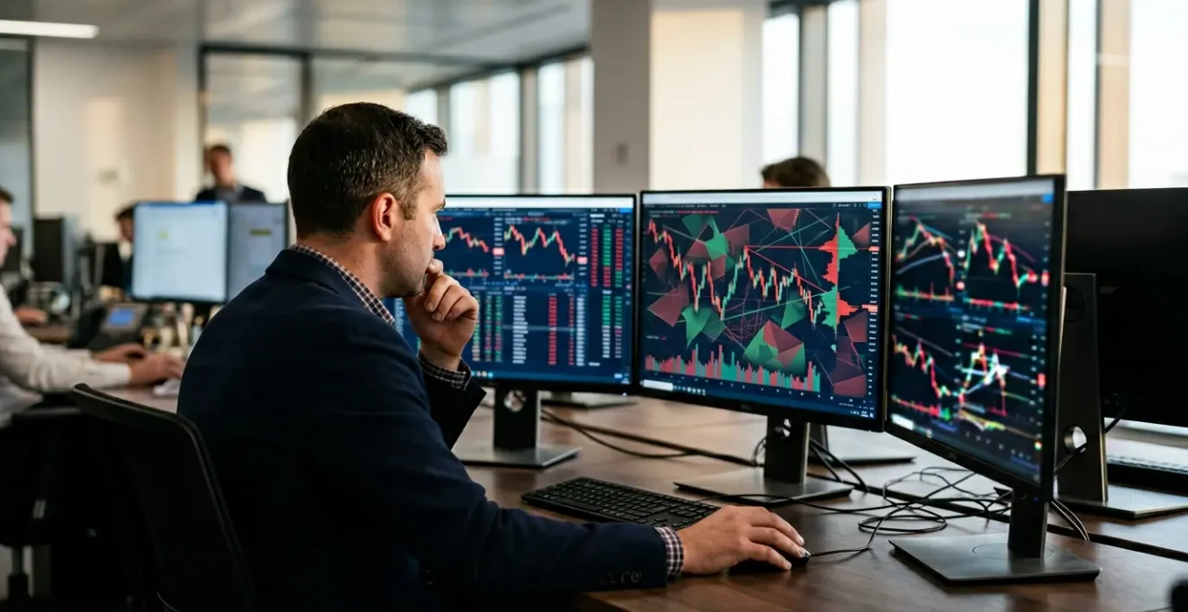 Professional trader analyzing multiple financial charts showing market volatility indicators and trading opportunities