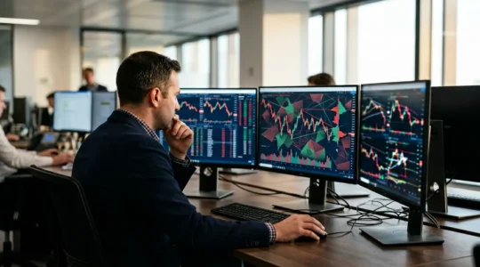 Professional trader analyzing multiple financial charts showing market volatility indicators and trading opportunities