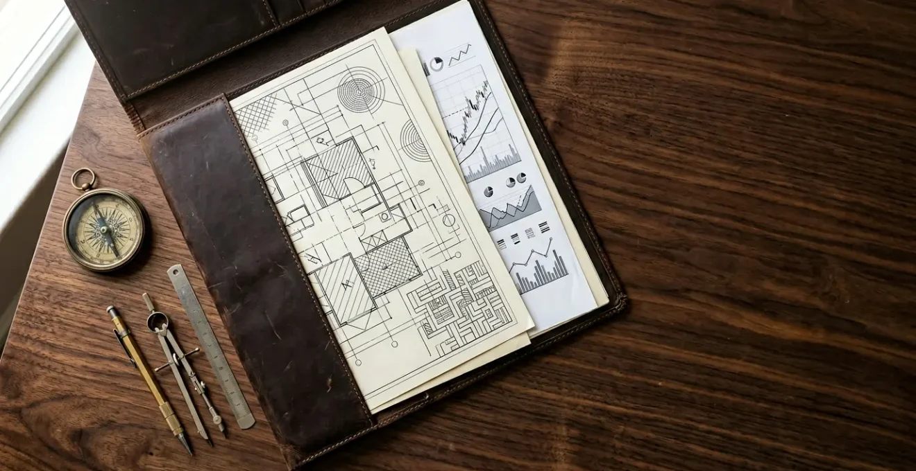 High-angle view of financial documents and portfolio charts on a polished wooden desk surface illustrating strategic wealth building through borrowing