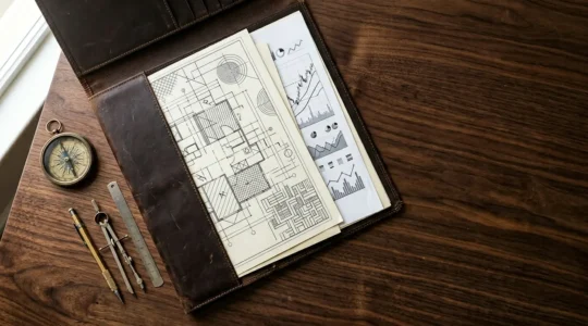 High-angle view of financial documents and portfolio charts on a polished wooden desk surface illustrating strategic wealth building through borrowing