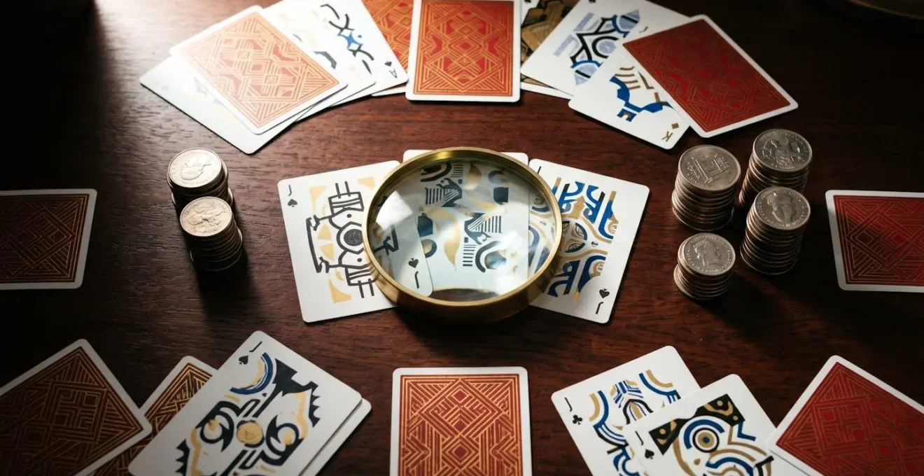 Visual metaphor for discovering and managing hidden subscriptions with a magnifying glass over playing cards.