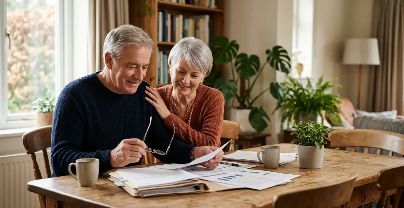Senior couple reviewing retirement financial documents at home with calculator and peaceful expression showing financial security