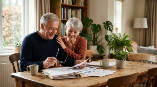 Senior couple reviewing retirement financial documents at home with calculator and peaceful expression showing financial security